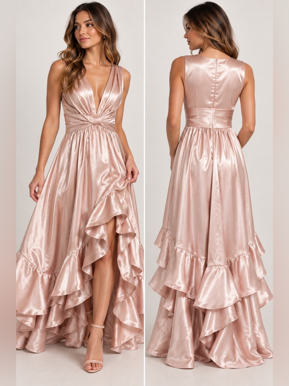 By Design Blush Satin High Low Ruffle Formal Gown Dress Size 6